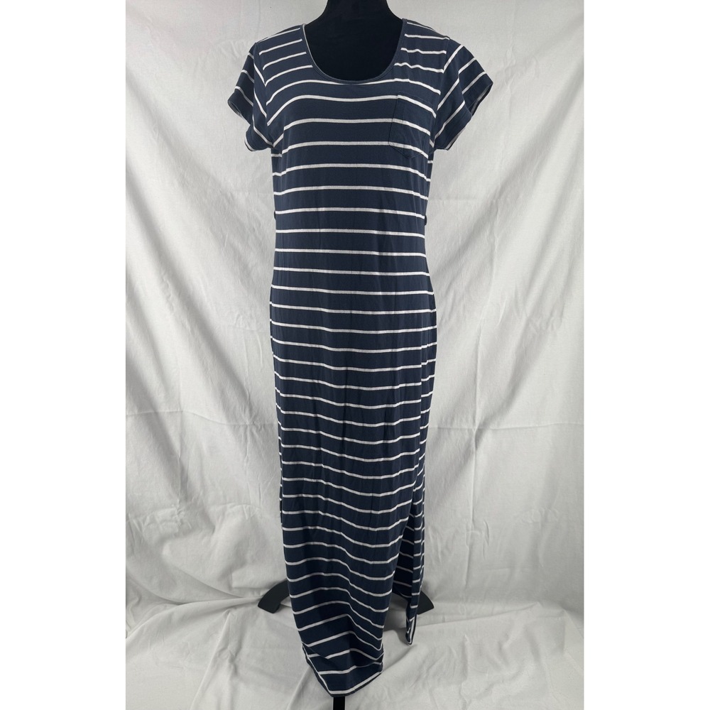 Oh! Mamma Womens Navy Blue White Striped Short Sleeve Pocket Maxi Dress Large